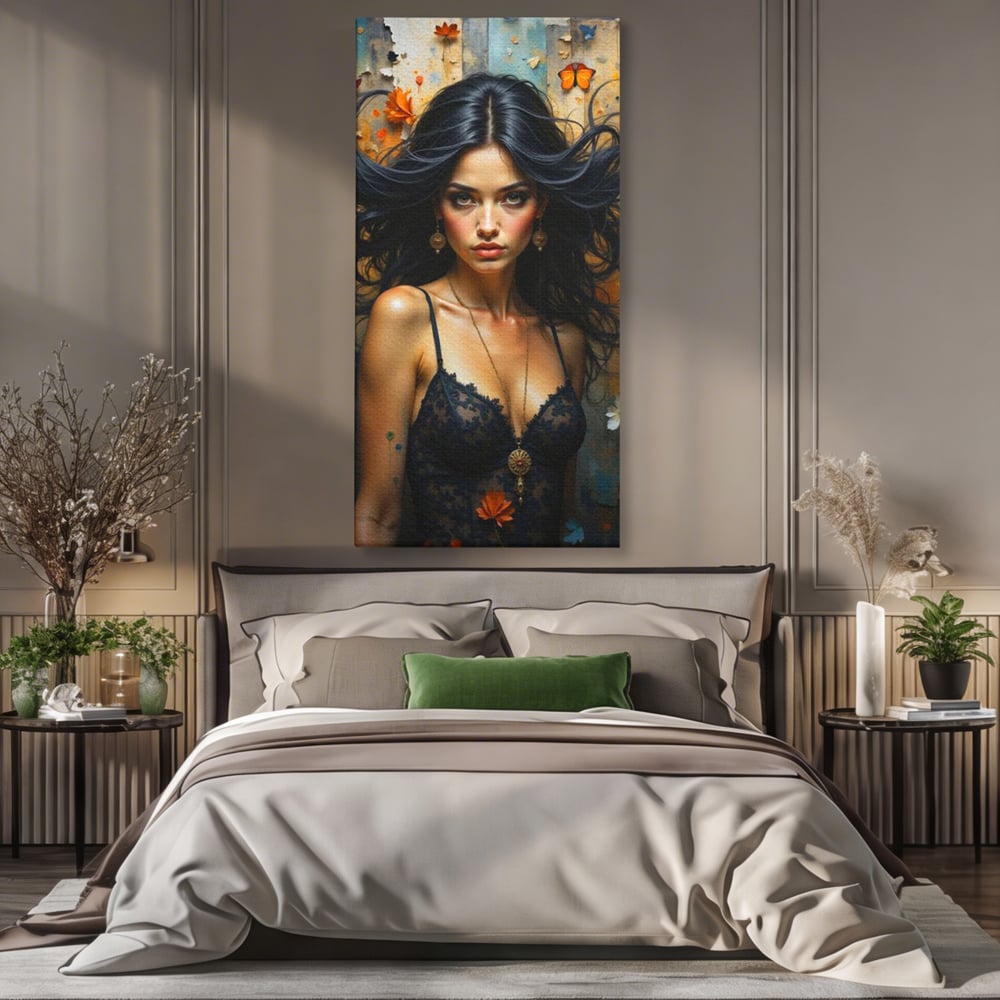 Tablou canvas cu tablou canvas cu portret de femeie par negru fluturi si frunze, fara rama, pe sasiu de lemn, pe perete intr-un dormitor